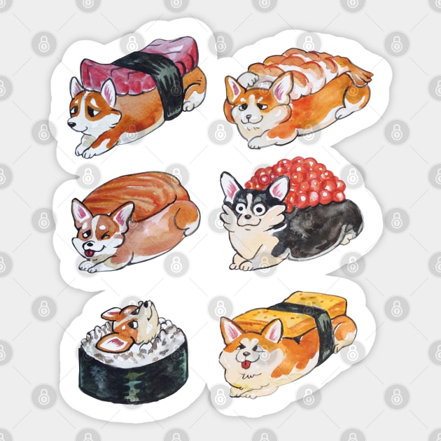 Sushi Corgi Watercolor Sticker by huebucket